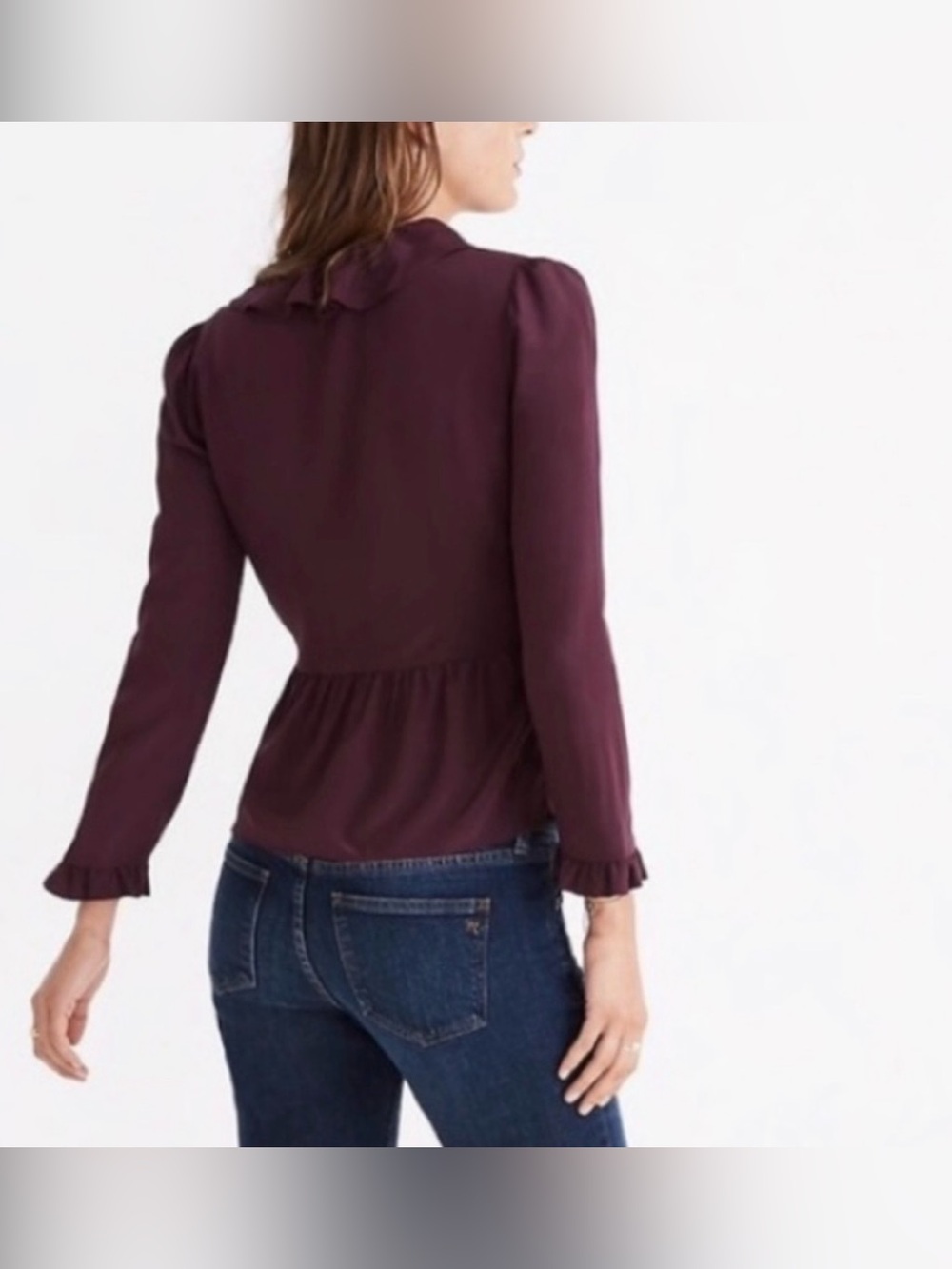 Madewell 100% Silk Women’s Small Dark Plum Ruffle Wrap Peplum Long Sleeve Top - Picture 5 of 12